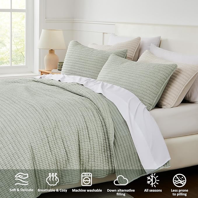 WDCOZY Sage Green Pick Stitch Twin Size Quilt Set, Striped Lightweight Soft Summer Spring Bedspread, Bamboo Linen Like Textured Coverlet, Chambray Farmhouse Country Rustic Thin Bedding Comforter