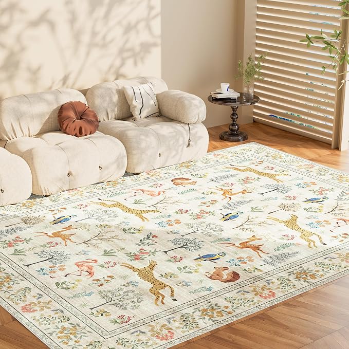 DUKINO 6x9 Area Rug, Washable Animal Living Room Rug Non Slip, Beige | Soft, Low Pile, Non-Shedding Indoor Large Carpet for Bedroom, Dining Room, Kids PlayRoom, Farmhouse, Pet Friendly, Home Decor