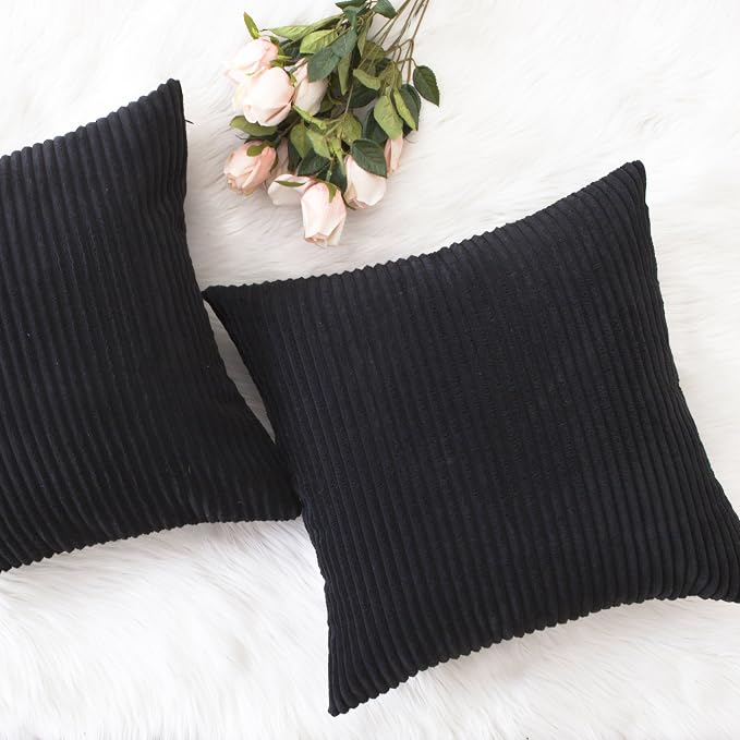 Home Brilliant 2 Packs Decorative Pillow Covers for Couch Outdoor Pillows Cover 16x16 Summer Striped Velvet Pillow Covers, Set of 2, 40cm x 40cm, 16 x 16 Inch, Black