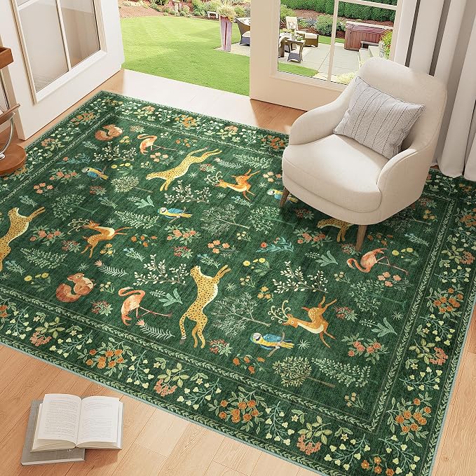 DUKINO 4x6 Area Rug, Non Slip Animal Washable Rug for Living Room, Green | Soft, Low Pile, Stain Resistant Indoor Carpet for Bedroom, Dining Room, Nursery, Farmhouse, Pet Friendly, Non-Shedding