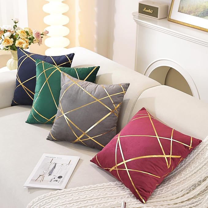 Gyulin Pack of 2 Velvet Throw Pillow Covers 18x18 Inch - Navy Blue Gold Foil Geometric Cushion Cases, Modern Luxury Sofa Bedroom Living Room Home Decor