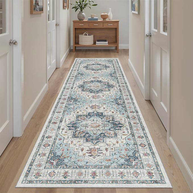 Madane Kitchen Runner 2'6''x8' Soft Rug Runners for Hallways, Blue | Vintage Machine Washable Rugs 2.5x8 Ft, Non-Slip Low Pile Stain-Resistant 8ft Floor Carpet for Laundry Room, Corridor