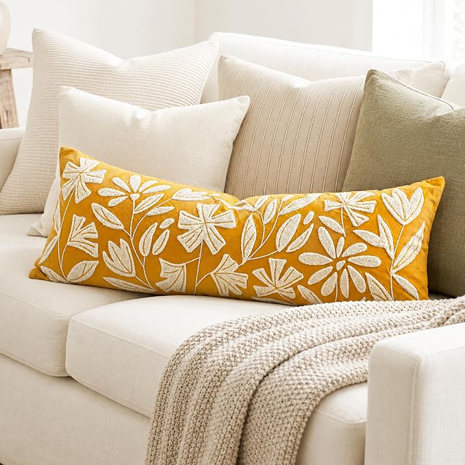 BlissBlush Long Lumbar Pillow Cover 14x36 for Bed, Mustard Floral Tufted Velvet Accent Oversize Throw Pillowcase for Bedroom, Cover Only