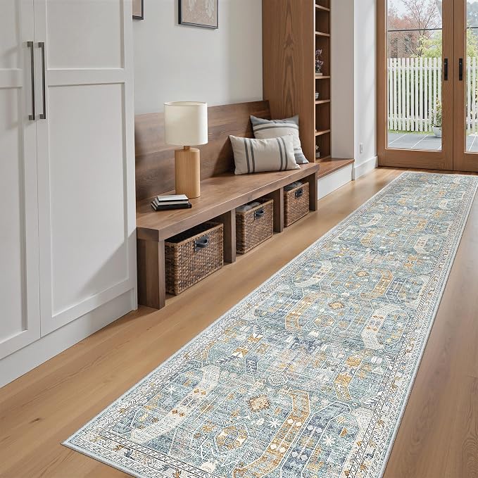 Madane Washable Runner Rugs 2x10 Long for Hallway Kitchen, Blue/Gold | Non-Slip Low-Pile 10ft Rug Runners Soft, Stain-Resistant Floor Carpet Mat for Entrance, Living Dining Laundry Room