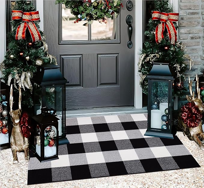 Black and White Layered Doormat 24''x35''Buffalo Plaid Checkered Rug Cotton Machine Washable Mat for Front Porch, Kitchen, Farmhouse, Entryway,Bathroom