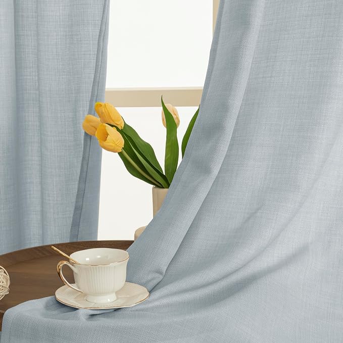 63 Inch Length Faux Linen Curtains for Bedroom 2 Panels, Haze Blue | Light Filtering, Thick Linen Textured, Privacy Protected, Sheer Window Curtains for Living Room, Grommet, 52 x 63 Inch