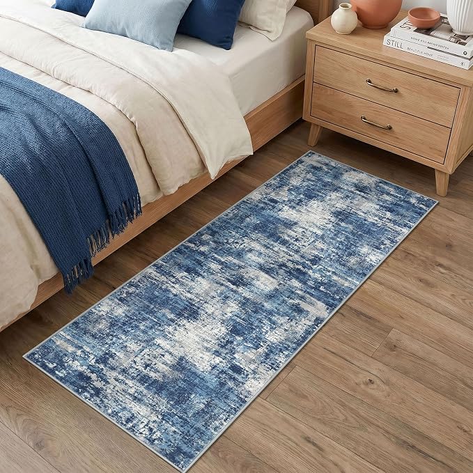 Lansny Abstract Washable 2x6 Hallway Runner Rug Non Slip Kitchen Runner | Blue;Thin Printed Faux Wool Rug Runners;Entryway Runner Indoor;Rubber Backed 6ft Carpet Runners for Hall;Bedroom Runner