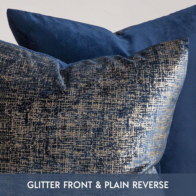 Phantoscope Pack of 2 Sparkling Velvet Decorative Solid Throw Decorative Pillow Cover Soft Gold Glitter Square Cushion Cover Pillowcase for Couch Bed and Chair, Navy Blue, 12 x 20 inches, 30 x 50 cm