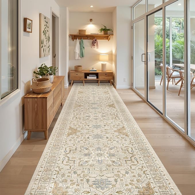 Madane Hallway Runner Rug 3x16 Washable Kitchen Runners Long, Beige/Blue | Vintage Non-Slip Wide Area Rugs 16ft for Entryway, Soft Thin Low-Pile Farmhouse Indoor Floor Carpet for Living Room Bedroom