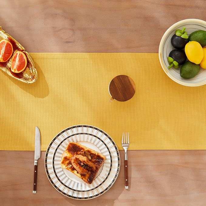 ZeeMart Rustic Cotton Linen Table Runner, 13x48 Inches Yellow | Farmhouse Style Linen Table Runners 48 Inches Long, Washable Kitchen Dining Table Decoration for Home Party Decor