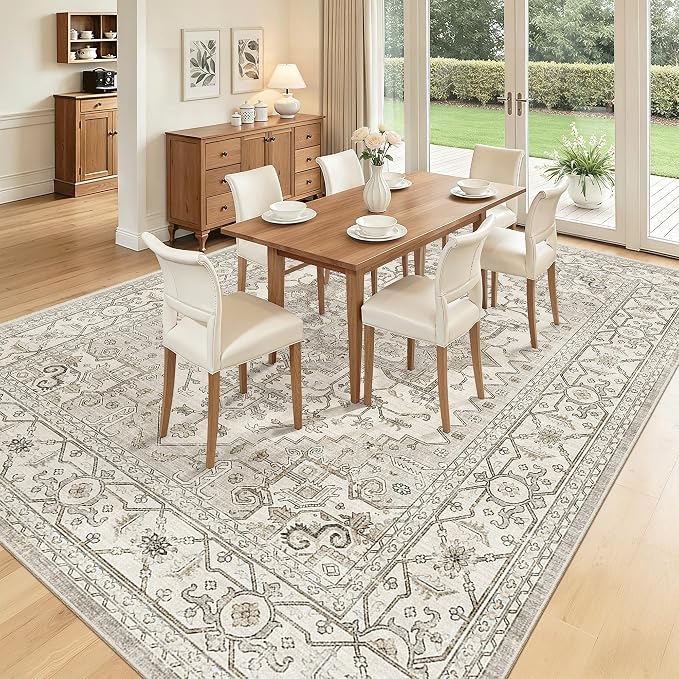 Madane 8x10 Area Rugs for Living Room, Non-Slip Washable Rug, Beige/Brown | Ultra-Thin Stain Resistant Vintage Large 8'X10' Carpet, Soft Low Pile Floor Mat For Bedroom Dining Room Office Home Decor