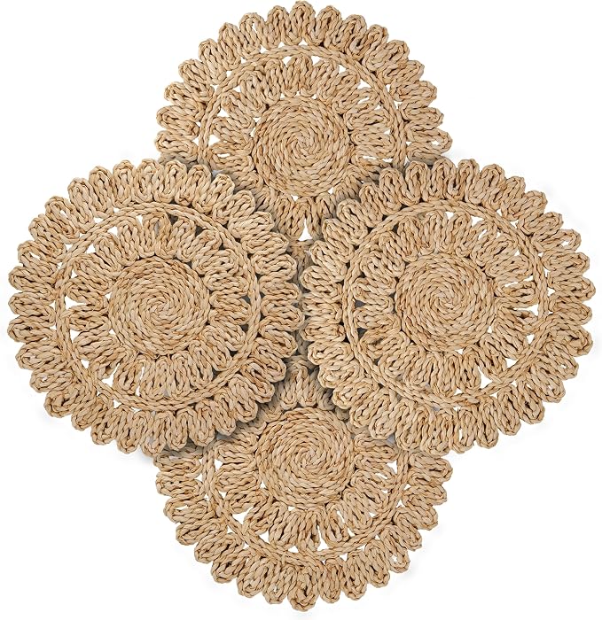 13.8" Corn Husk Woven Round Placemats Set of 4 - Wicker Boho Farmhouse Placemats - Rattan Table Mats for Dining Table, Wedding, Home