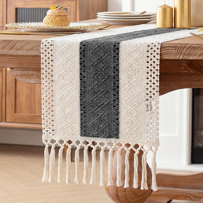 FEXIA Boho Table Runner with Tassels for Home Decor 12x72 Inches Grey | 72 Inches Long Modern Farmhouse Rustic Burlap Table Decoration for Bedroom Living Dining Room Baby Shower Autumn Decor