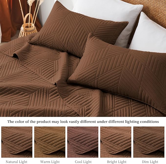 Davulos King/Cal King Quilt Set in Brown, Soft Reversible Microfiber Bedspread for All-Season Use in Bedroom or Dorm, Lightweight Modern Geometric Coverlet (1 Quilt, 2 Pillow Shams)