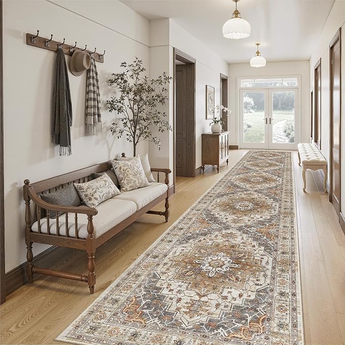 Madane Hallway Runner Rug 2'6''x16' Kitchen Runners Vintage, Turmeric/Grey | Long Non-Slip Washable Rugs 16ft for Entryway Laundry and Bedroom, Soft Low Pile Stain-Resistant 2.5x16 Ft Floor Carpet