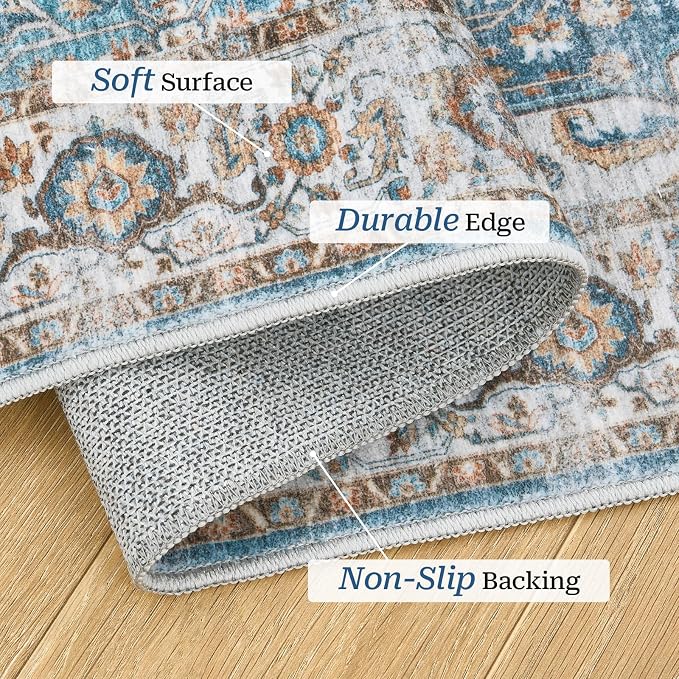 Madane Kitchen Runner 2'6''x8' Soft Rug Runners for Hallways, Navy | Vintage Machine Washable Printed Rugs 2.5x8 Ft, Non-Slip Low Pile Stain-Resistant 8ft Floor Carpet for Laundry Room, Corridor