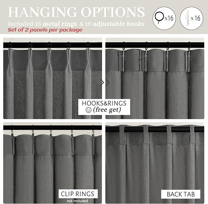 Dark Grey Pleat Semi Sheer Curtains 96 Inches Long for Bedroom, Memory Trained Pinch Pleated Linen Textured Light Filtering Modern Curtain 96 Inch Length 2 Panels Set Viral Window Drapes 8FT Length
