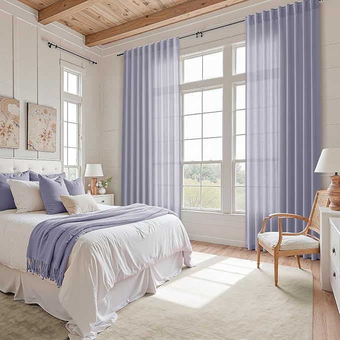 Lavender Purple Linen Curtains 90 Inches Long for Living Room Boho Decor Light Filtering Semi Sheer Curtain Back Tab and Rod Pocket Modern Luxury Drapes for Bedroom Office 52x90, 2 Panels