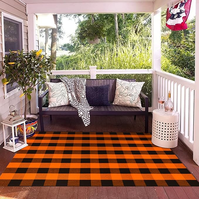 SEEKSEE Buffalo Plaid Rug 4' x 6' Orange and Black Large Front Door Mat, Layering Area Rug, Halloween Rug for Outdoor Patio Entryway Indoor Living Room Kitchen Dining Room Decor