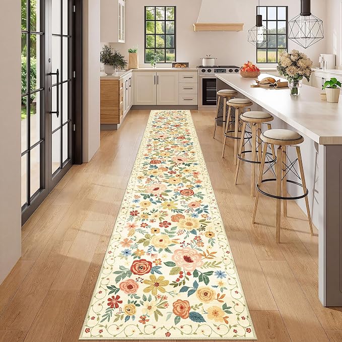 DUKINO 2x12 Washable Runner Rug, Non Slip Long Kitchen Rugs, Beige Yellow | Floral, Low Pile, Soft Indoor Rug Runner for Hallway, Entryway, Bedroom, Bathroom, Laundry, Pet Friendly, Modern Home Decor