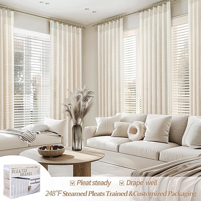 Pinch Pleat Thick Linen Viral Curtains 84 Inch Length 2 Panels Set for Living Room,Cream Beige Neutral Pleated Semi Sheer Curtain Light Filtering Privacy Let Light in Bedroom Window Drapes 40" Wx84 L