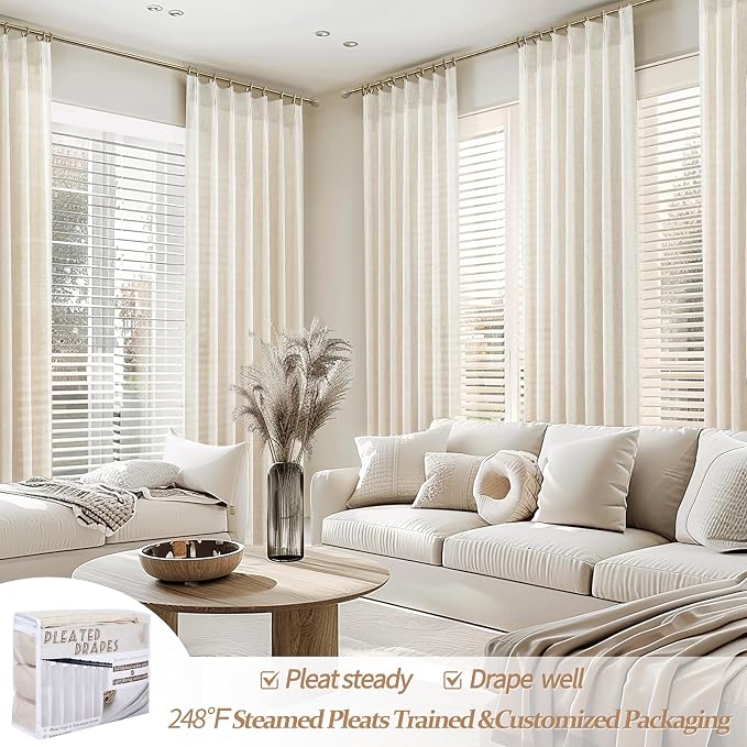 Extra Long 112 Inches High Ceiling Linen Blend Curtains 2 Panels Set for Dining Room, Memory Trained Pinch Pleated textured sheer Viral Drapes Bedroom Large Window Curtain 9-1/3FT Length Hook Back Tab