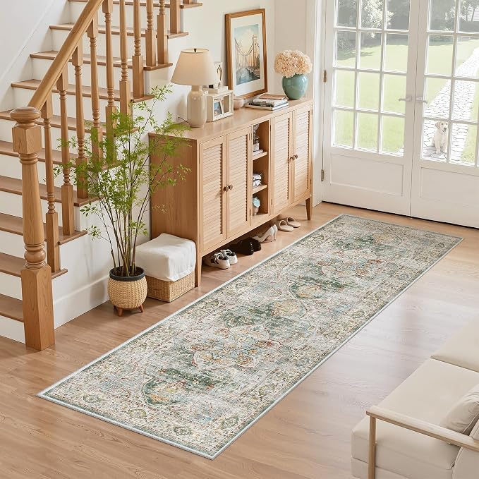 Madane Washable Runner Rug 2x6 Runners for Hallways Non Slip, Green | Vintage Stain-Resistant 6 Feet Kitchen Rug, Soft Low-Pile Ultra-Thin Floor Carpet Mat for Bathroom Laundry Room Bedroom 2x6ft