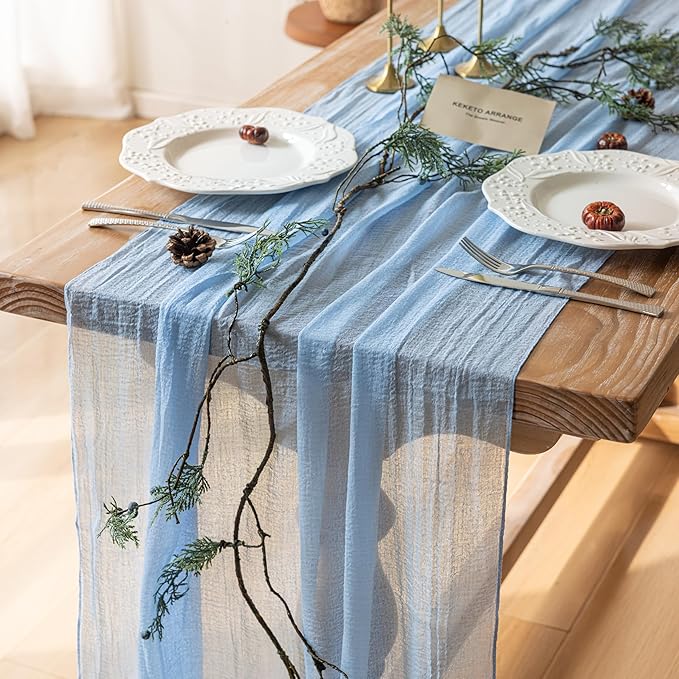 10Pcs Light Blue Cheesecloth Table Runner 120 Inches for Party Home Decor | For Wedding Baby Shower Bridal Shower Birthday Engagement Party 10FT Rustic Boho Home Decorations