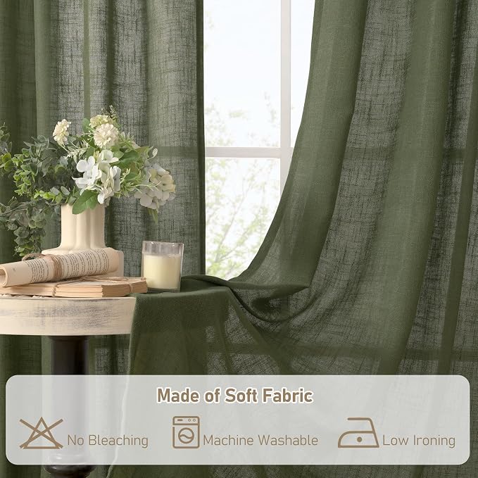 Olive Green Linen Curtains 63 Inch for Bedroom, Semi Sheer Panels | Light Filtering, Neutral Semi Sheer, Short Window Curtains, Christmas Panels, Rod Pocket Back Tab, 2 Panels, 52 x 63 Inch
