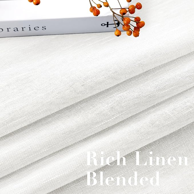 H.VERSAILTEX White Linen Curtains 96 inches Long Natural Linen Blended Semi-Sheer Curtains with Nickel Grommet for Living Room, Privacy Assured (52 by 96 Inch, Set of 2, White)