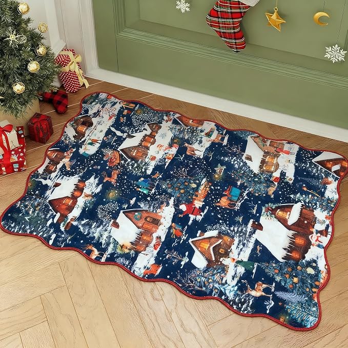 Wonnitar Christmas 2x3 Entryway Rug, Non Slip Washable Small Kitchen Rug, Low Pile Soft Christmas Village Door Mat Indoor Entrance, Xmas Throw Rug for Bathroom Bedside Holiday Decor (Blue,2'x3')