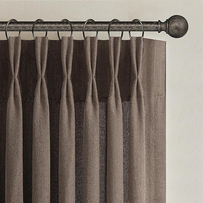 Linen Pleated Dark Brown Curtains 96 Inches Long for Sliding Glass Doors, Memory Trained Semi Sheer Drapes Light Filtering Non See Through Rustic Windows Curtain 2 Panels Set 8FT Length with Back Tab