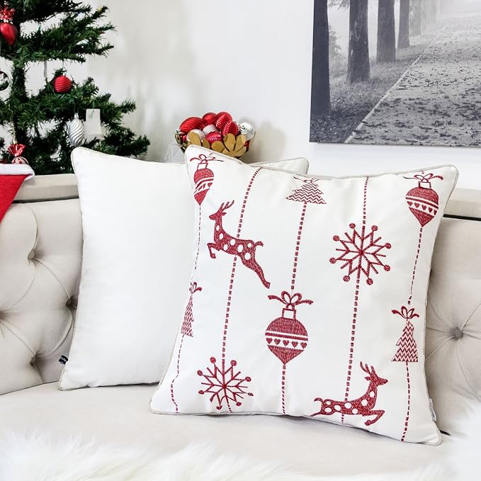 Embroidery White Velvet Throw Pillow Cover, Merry Christmas Series Snow Reindeer Luxury Soft Fuzzy Cozy Warm Slik Gift Square Couch Cushion Pillow Case 20 x 20 Inch, Cover Only