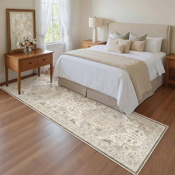 Madane Kitchen Runner Rug 2x7 with Rubber Backing Non Slip, Ivory/Brown | Vintage Ultra-Thin Machine Washable Hallway Rugs 7 ft, Soft Low-Pile Throw Carpet Runners for Bedroom Bathroom Laundry Room