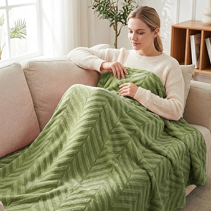 Whale Flotilla Flannel Fleece Throw Blanket for Couch, Olive Green | Lightweight Breathable Soft Sofa Throws, Plush Fluffy Chevron Design Decorative Blankets for All Season, 50x60 Inch