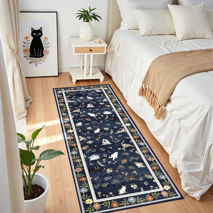 AIMPEAK 2x6 Non Slip Runner Rug - Washable Cat Floral Kitchen Carpet with Rubber Backing, Soft Low Pile Long Mat for Kitchen, Laundry Room, Bedroom, Bathroom, Hallway, Navy Blue Multi