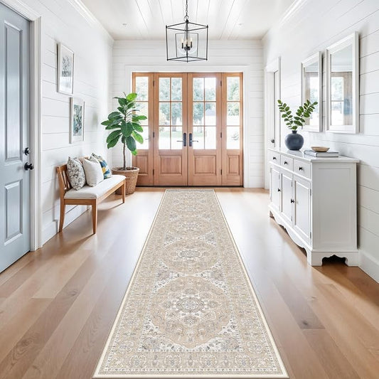 RUUGME Hallway 2'6x12 Runner Rug: Vintage Washable Kitchen Rugs Non-Slip Low Pile Carpet for Entryway Soft Thin Stain Resistant Floor Decor Mat for Bathroom Living Room Bedroom(Beige/Cream,2'6"x12')