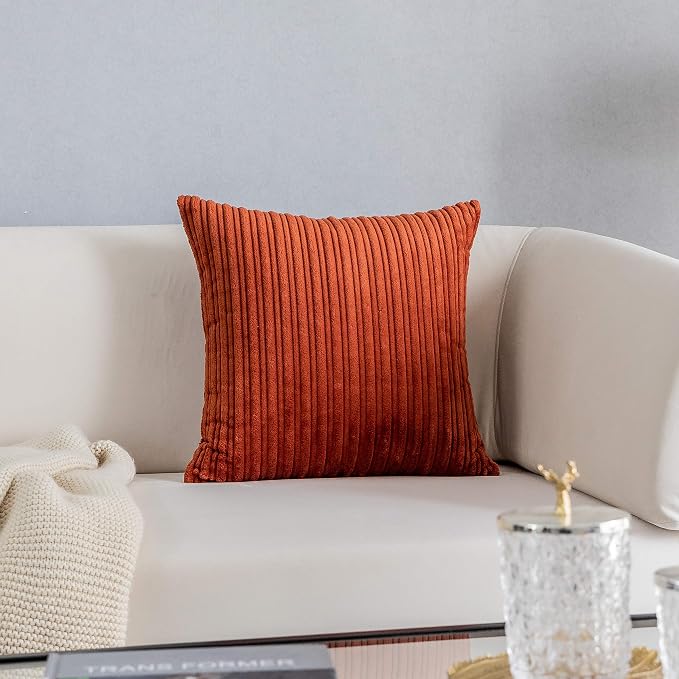 Kevin Textile Striped Corduroy 20”x20” Pillow Covers 2 Pack, Burnt Brick