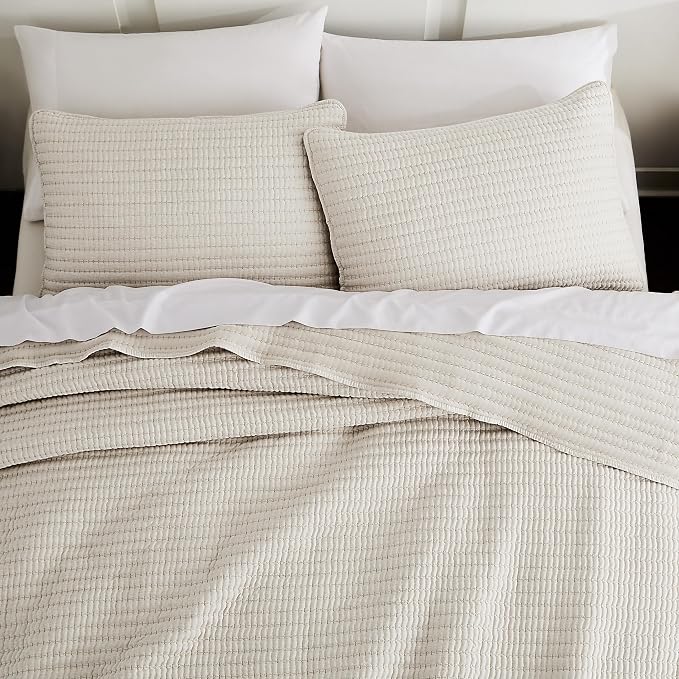 WDCOZY Beige Pick Stitch Queen Size Quilt Set, Striped Lightweight Soft Summer Spring Bedspread, Bamboo Linen Like Textured Coverlet, Chambray Farmhouse Country Rustic Bedding, Netural Thin Comforter