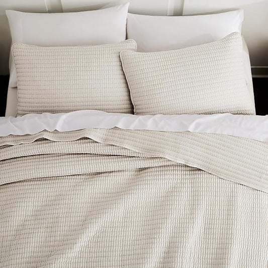 WDCOZY Beige Pick Stitch Queen Size Quilt Set, Striped Lightweight Soft Summer Spring Bedspread, Bamboo Linen Like Textured Coverlet, Chambray Farmhouse Country Rustic Bedding, Netural Thin Comforter