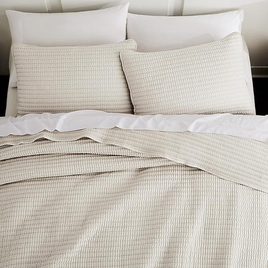 Beige Pick Stitch Oversized King Size Quilt Set, California King Striped Lightweight Soft Summer Spring Bedspread, Bamboo Linen Like Textured Coverlet, Chambray Farmhouse Country Rustic Bedding