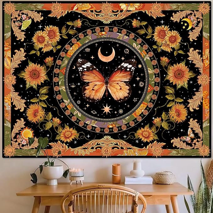 Accnicc Butterfly Floral Tapestry Vintage Indie Boho Flower Tapestries for Bedroom Aesthetic Retro Yellow Sunflower Moth Tapestry Wall Hanging for Dorm Living Room (48'' × 36'')