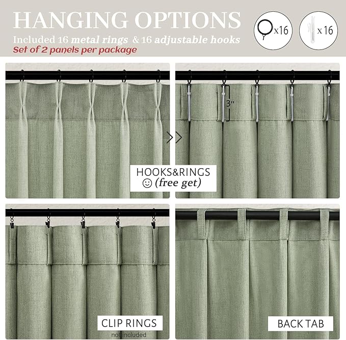 Sage Green Pinch Pleated Floor to Ceiling 102 Inch Long Curtains for Dining Room, Thick Linen Semi Sheer Window Drapes Light Filtering Privacy 8-1/2 FT Length Office/Sunroom Large Curtain 2 Panels