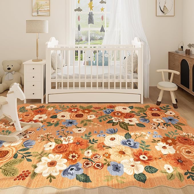 DUKINO 6x9 Area Rugs, Floral Washable Rug for Living Room Non Slip, Orange | Low Pile, Stain Resistant, Soft Indoor Large Rugs for Bedroom, Dining Room, Kids Playroom, Nursery, Pet Friendly, Home Decor