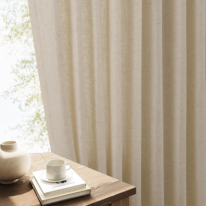 Linen Curtains 96 Inches Long for Living Room Back Tab Semi Sheer Floor to Ceiling 8ft Light Filtering Curtain Boho Farmhouse Decor Window Drapes for Bedroom 52x96 2 Panels Eggshell Beige