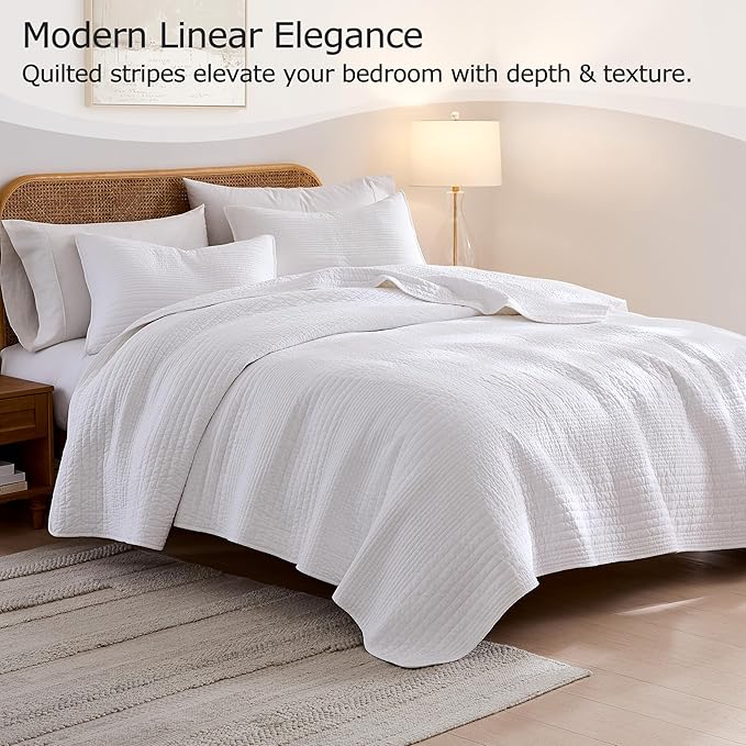 palassio Striped White 100% Cotton Quilt Twin Size Bedding Sets, Lightweight Crinkly Channel Pick Stitch Textured Bedspread Soft Shabby Chic Farmhouse Country Coverlet for All Season, 1 Sham