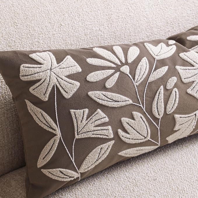 BlissBlush Long Lumbar Pillow Cover 14x36 for Bed, Taupe Brown Floral Tufted Velvet Accent Oversize Throw Pillowcase for Bedroom, Cover Only