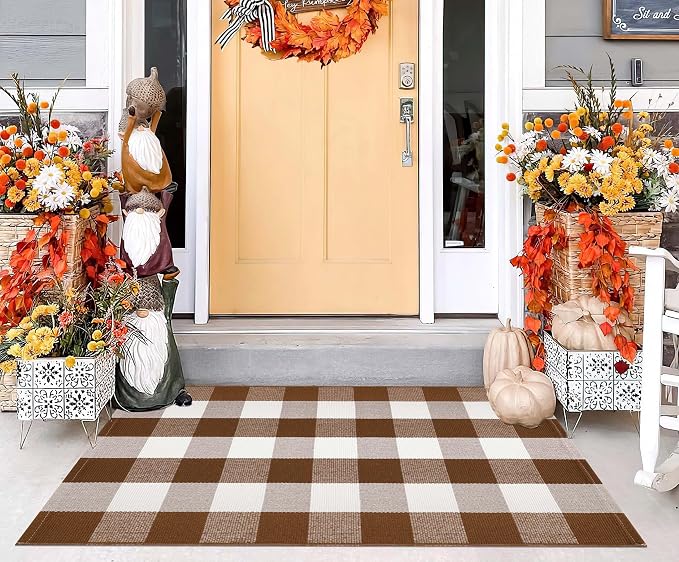 Coffee and White Outdoor Rug 27.5''x 43.3''Buffalo Plaid Layered Doormat Woven Machine Washable Farmhouse Door Mats Outdoor for Hello/Welcome Mat,Entryway,Bedroom,Patio