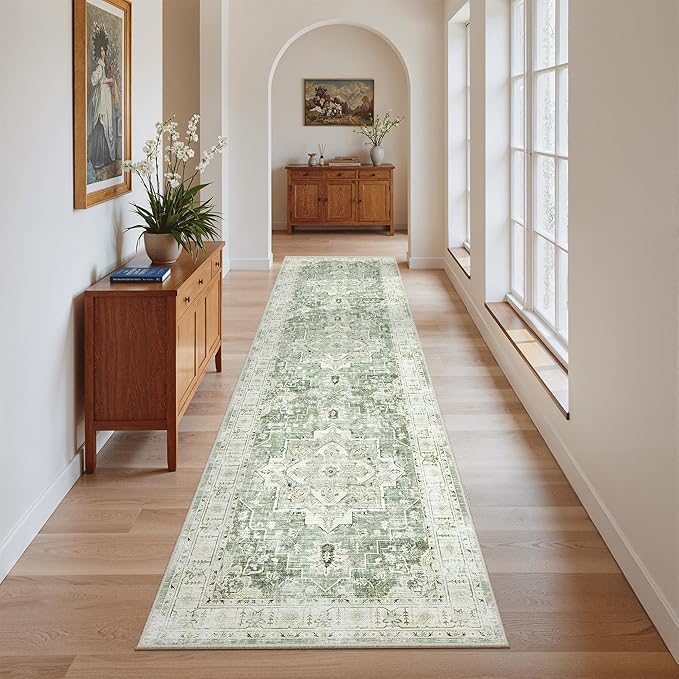 Madane Hallway Runner Rug 2x8 Washable Kitchen Rugs Non-Slip, Green/Ivory | Vintage Machine Washable Low-Pile Floor Carpet 8ft, Soft Ultra-Thin Throw Entry Foyer Mat for Entrance Laundry Living Room