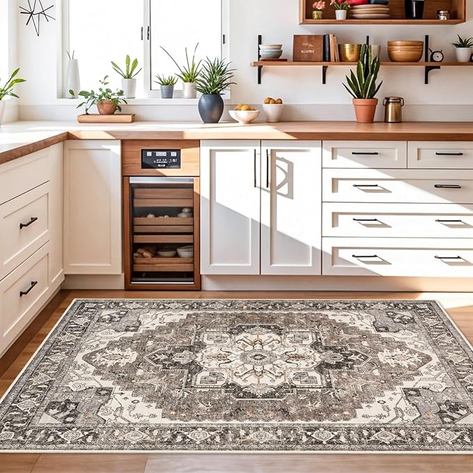 Washable 4x8 Hallway Runner Rug: Low Pile Soft Kitchen Rugs Wide Vintage Stain Resistant Carpet with Non-Slip Rubber Backing Thin Indoor Entryway Floor Decor Mat for Living Room Bedroom (Beige,4x8)